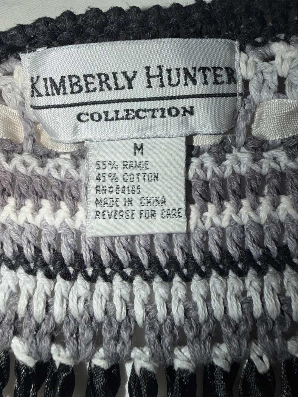 Kimberly Hunter Vintage Crochet Striped Vest With Ribbons— Black, Gray & Cream - Picture 2 of 6